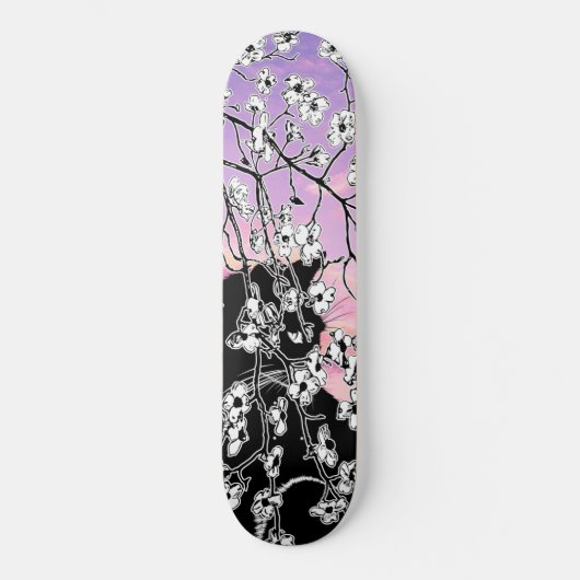 Skateboard Cerisier Fleur Chat Noir Fleur Coucher de Soleil R (Recto)