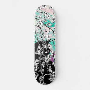Skateboard Cerisier Fleur Chat Noir Floral Vert Ciel Rose