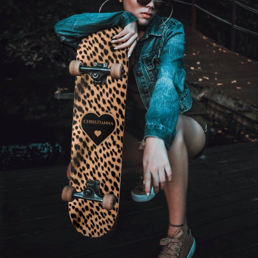 Skateboard Cheetah Imprimer Motif Tan Brown & Coeur noir