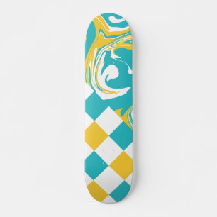 Skateboard Chèques et permules en Turquoise, Jaune et Blanc