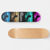Skateboard Cheval noir violet, Bleu, Turquoise, Ciel doré & E (Horz)