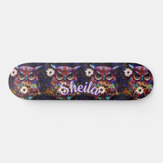 Skateboard Chouette florale impressionniste de Whimsical Pers (Horz)