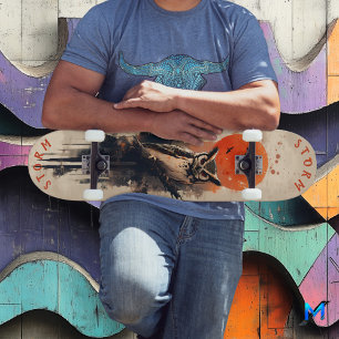 Skateboard Chouette sage sous lune enflammée, rétro-sauvageri