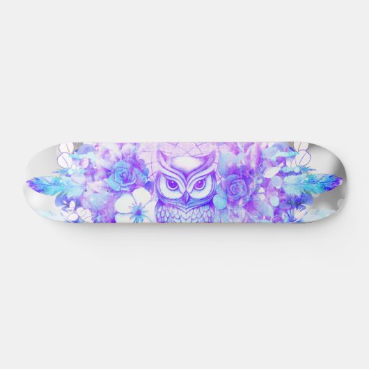 Skateboard Chouette Totem Dreamcatcher Plumes florales Gris p (Horz)