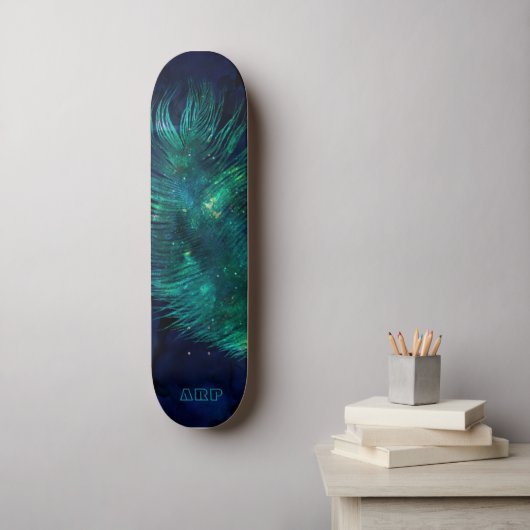 Skateboard *~* Ciel Bleu de minuit Boho en plumes d'émeraude (Art mural)