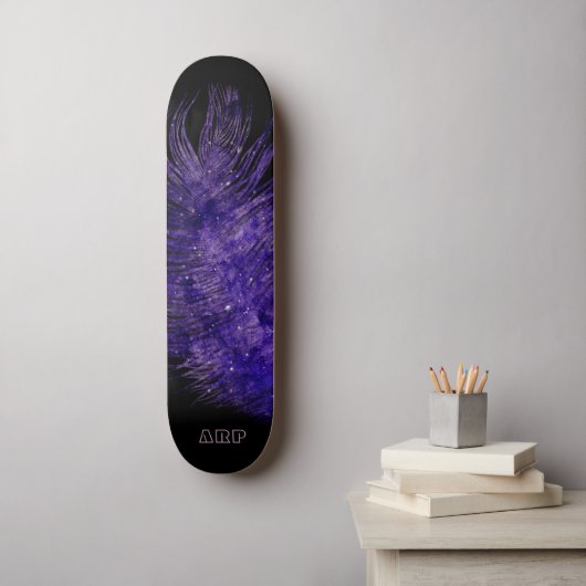 Skateboard *~* Ciel de minuit Boho Plumes cosmiques violet (Art mural)