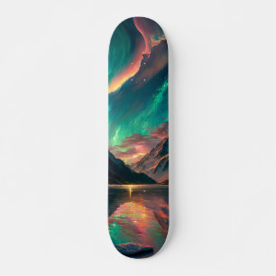 Skateboard Ciel vert épique et montagnes avec Aurora Borealis