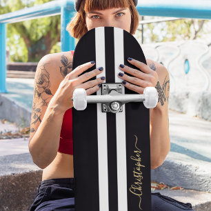 Skateboard Classic Black Blanc Or Monogramme Stripes De Cours