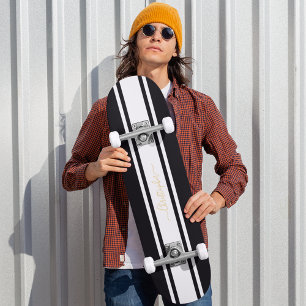Skateboard Classic Black White Racing Stripes Gold Monogramme