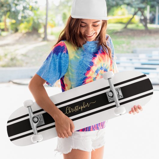 Skateboard Classic Blanc Noir Stripes Or Monogramme