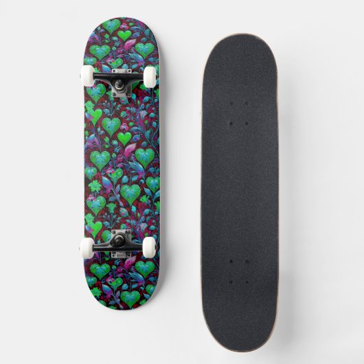 Skateboard Cœur vert néon et floral violet (Recto)