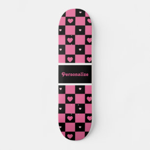 Skateboard Coeurs de À damiers moderne rose et noir avec nom