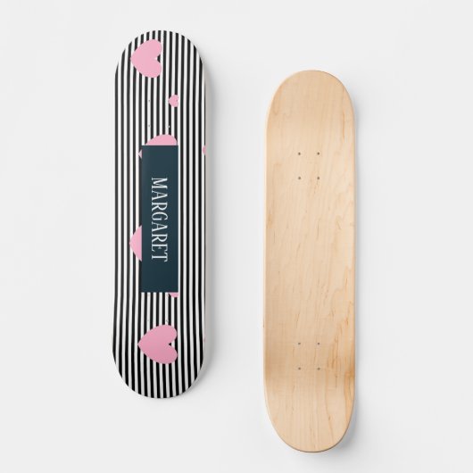 Skateboard Coeurs et rayures roses personnalisés (Recto)