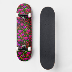 Skateboard Cœurs roses néon brillants et floral vert