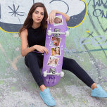 Skateboard Collage de photos de la famille Girly Purple<br><div class="desc">Le skateboard est le cadeau idéal pour les femmes branchées et familiales d'aujourd'hui. D'un point de vue esthétique, il est conçu pour attirer l'oeil et séduisant les goûts des filles - avec un arrière - plan lisse et dynamique texturé violet, entouré d'étoiles blanches et personnalisé avec quatre photos de famille...</div>