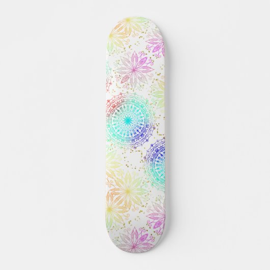 Skateboard Coloré Mandala Floral Blanc (Devant)