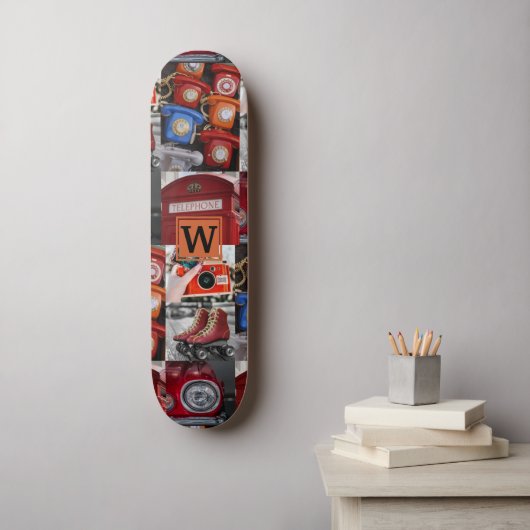 Skateboard Colorée Pop Art Retro Rouge Photo Collage Monogram (Art mural)