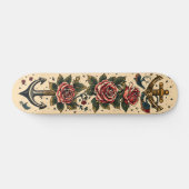 Skateboard Conception traditionnelle de tatouage, Ancre, Rose (Horz)
