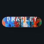 Skateboard Cool moderne coloré Abstrait Nom personnalisé<br><div class="desc">Cool Modern Colorful Abstrait Custom Name Skateboard présente votre nom personnalisé dans la typographie moderne sur un arrière - plan abstrait en rouge, orange, bleu, vert, noir et blanc. Personnalisez en modifiant le texte dans la zone de texte fournie. Offrez un cadeau sur mesure, un skateboard personnalisé à votre skateboarder...</div>