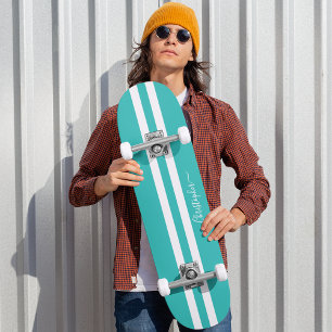 Skateboard Cool Turquoise White Racing Stripes Patinage Monog