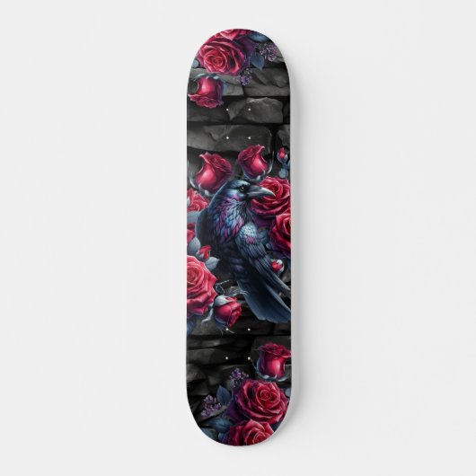 Skateboard Corbeau noir et roses rouges unique (Devant)