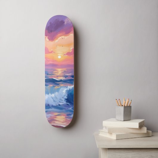 Skateboard Coucher de soleil rose violet | Aquarelle reflets (Art mural)