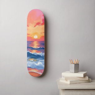 Skateboard Coucher de soleil sur la côte fuchsia Aquarelle
