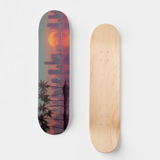 Skateboard Coucoucher de soleil Retro Synthwave Cityscape (Recto)