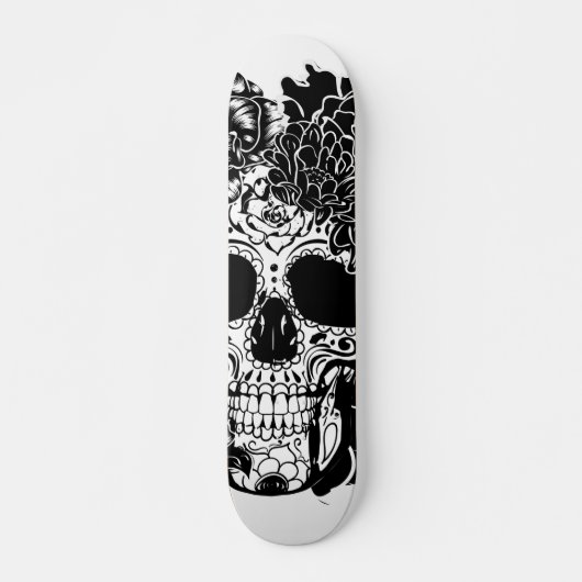Skateboard Crâne à sucre avec fleurs en noir et blanc (Devant)