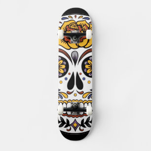 Skateboard Crâne à sucre rose jaune sur noir