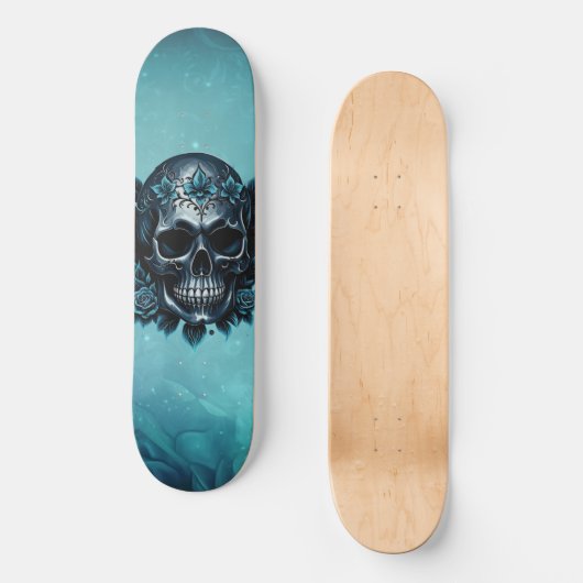 Skateboard Crâne bleu foncé avec roses. (Recto)