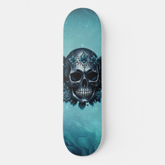 Skateboard Crâne bleu foncé avec roses. (Recto)