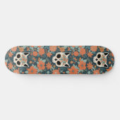 Skateboard Crâne De Chat Floral Avec Fleurs Oranges Sur Vert  (Horz)
