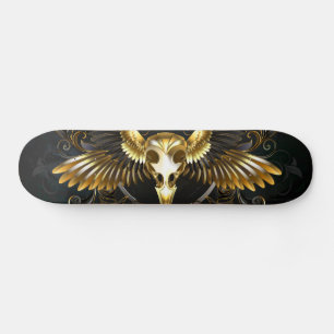Skateboard Crâne d'oiseau doré sur fond noir