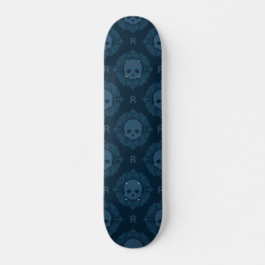 Skateboard Crâne gothique victorien turquoise et monogramme m (Devant)