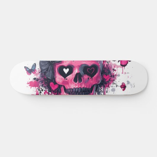 Skateboard Crâne rose avec papillons et coeurs (Horz)