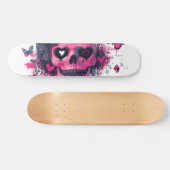 Skateboard Crâne rose avec papillons et coeurs (Horz)