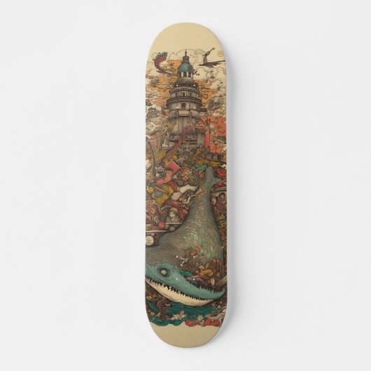 Skateboard Créatures marines psychédéliques colorées et phare (Devant)
