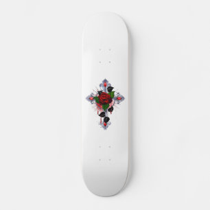 Skateboard Croix d'argent avec une rose rouge