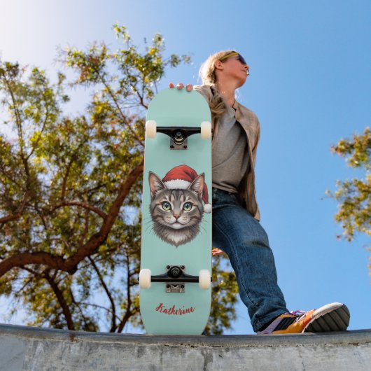 Skateboard Custom Cute Christmas Cat with Santa Hat (Extérieur 1)