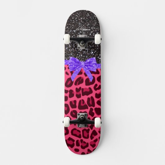 Skateboard Custom name dark gray glitter pink leopard bow (Recto)