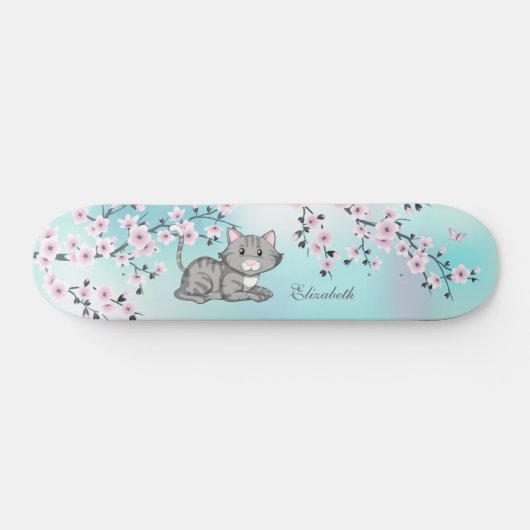 Skateboard Cute Cat Cherry Blossom Rose Turquoise Ajouter un  (Horz)