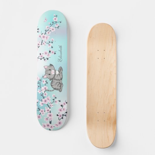 Skateboard Cute Cat Cherry Blossom Rose Turquoise Ajouter un  (Recto)