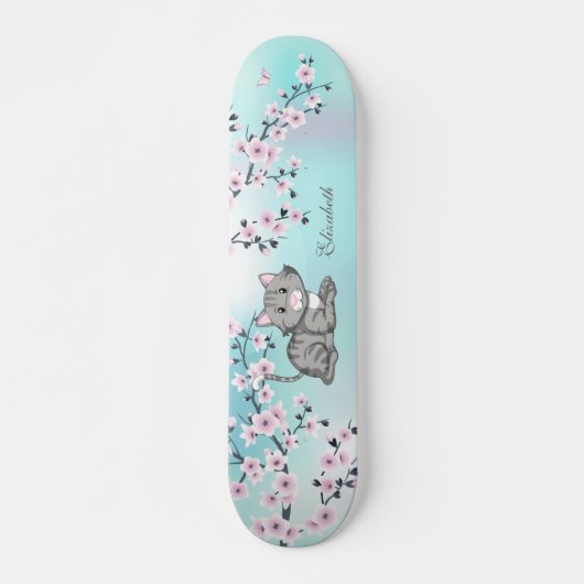 Skateboard Cute Cat Cherry Blossom Rose Turquoise Ajouter un (Devant)