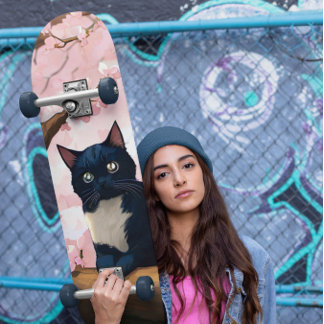 Skateboard Cute Chat Sur Un Arbre En Fleur De Cerise