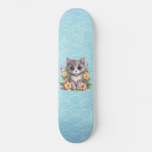 Skateboard Cute Grey Kitten Kawaii
