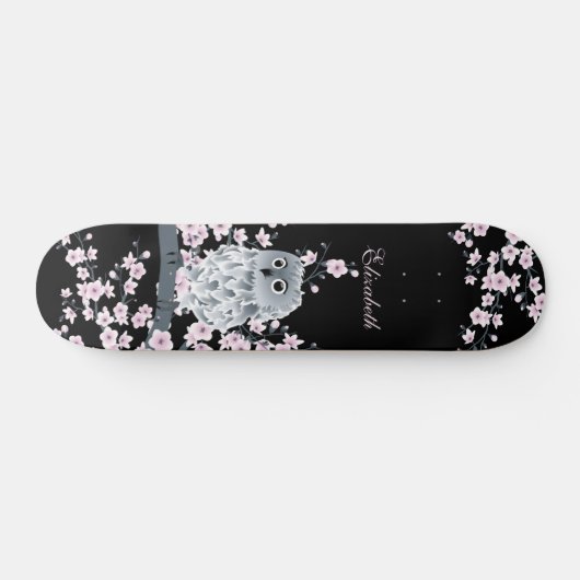Skateboard Cute Owl Cherry Blossom Pink Black Ajouter Nom (Horz)