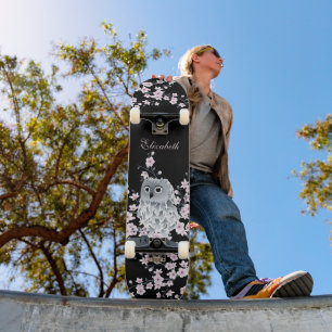 Skateboard Cute Owl Cherry Blossom Pink Black Ajouter Nom