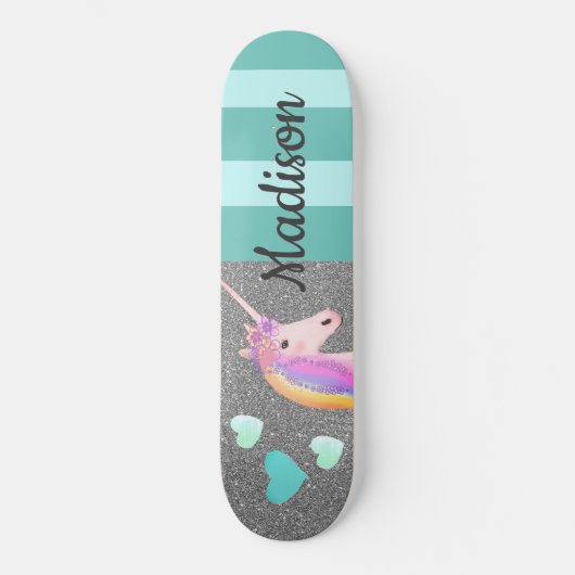 Skateboard Cute Unicorn Parties scintillant Coeurs Turquoises (Recto)