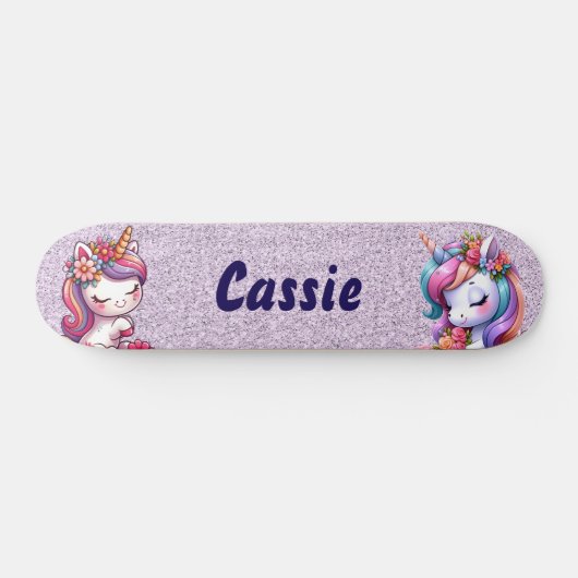 Skateboard Cute Unicorn Parties scintillant rose Personnalise (Horz)